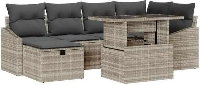 vidaXL Garten-Sofa-Set aus Polyrattan in Hellgrau mit 7-teiligem Set inklusive Kissen und Ottoman für Terrasse und Garten - Bild 1