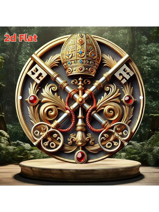 HELLOYOUNG Wanddekoration Vatikan-Schlüssel und Tiara in Gold, runde Vintage-Wandplatte mit religiösem Motiv, Durchmesser: 19,81 cm - Bild 4