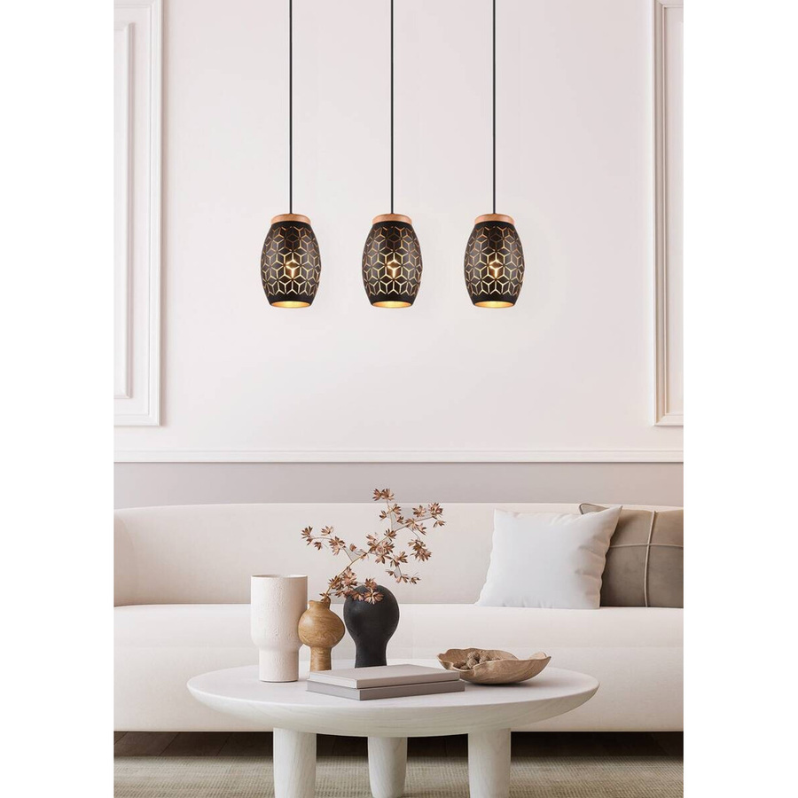 Reality Pendelleuchte Bidar 3-flammig in Schwarz-Gold aus Metall und Holz, B: 71 cm, H: 150 cm, T: 15 cm, E27 - Bild 2
