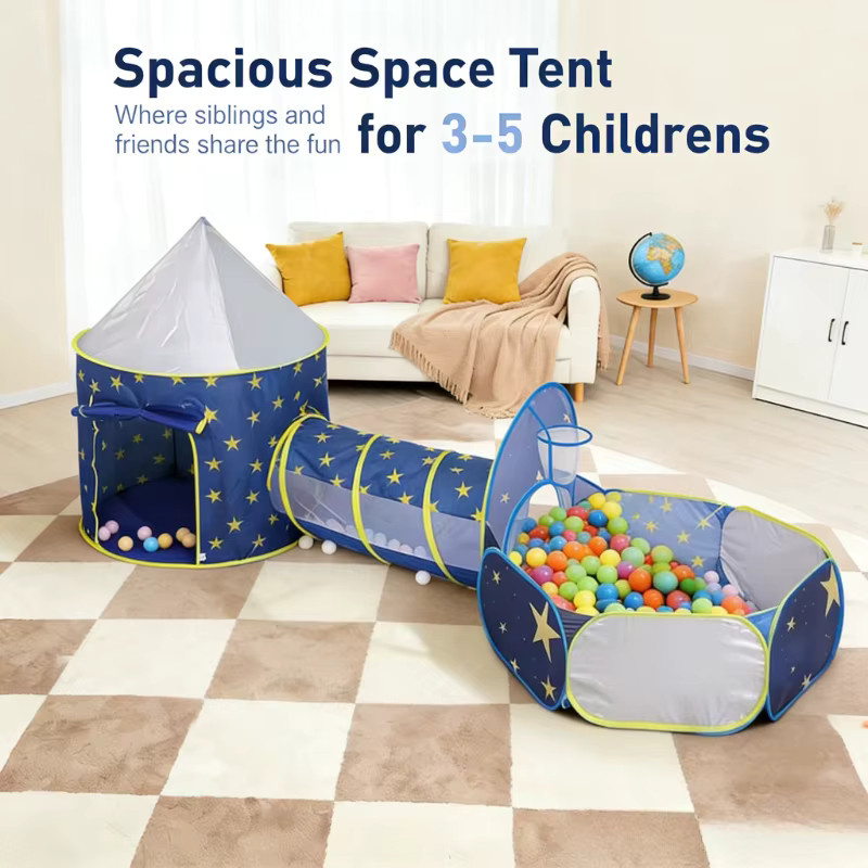 IMBABY Spielzelt Set mit Sternenmuster und Weltraum-Design in Blau inklusive Bällebad und Spieltunnel für Kleinkinder - Bild 2