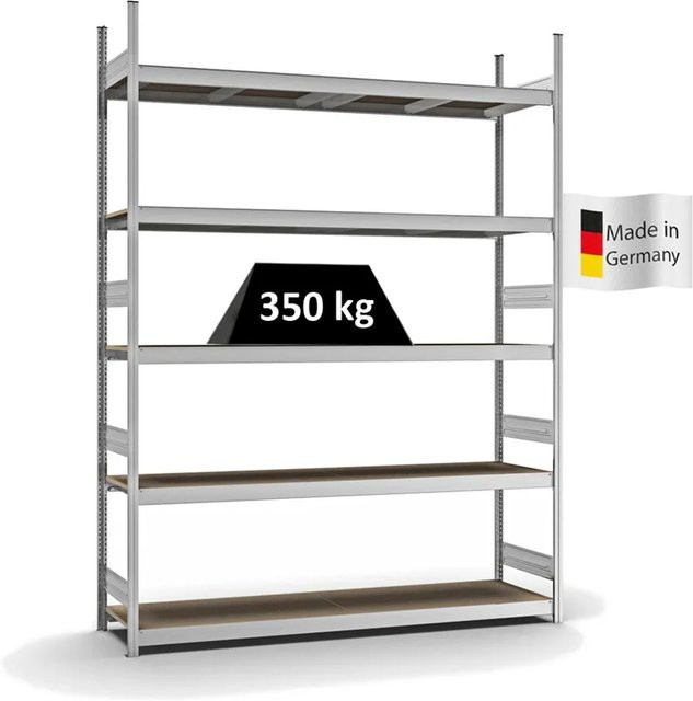 PROREGAL Weitspannregal Stecksystem T-Profil in Silber, verzinkt, H x B x T: 300 x 225 x 50 cm, 5 Ebenen mit Spanplatten-Fachböden, Fachlast 350 kg - Bild 1