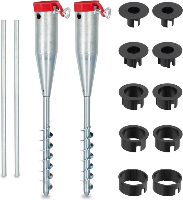Relaxdays Bodenhülse 2er Set aus Stahl in Silber für Sonnenschirme, Wäschespinnen oder Fahnenmasten mit 5 Adaptern, H x B x T: 56 x 7 x 7 cm - Bild 1