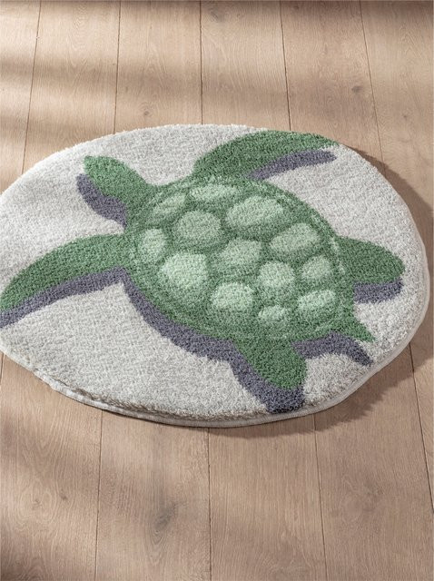 Rutschfeste Badematte mit Schildkröten-Design in Steinform aus 100% Polyacryl, geeignet für Fußbodenheizung, Grau und Grün - Bild 1