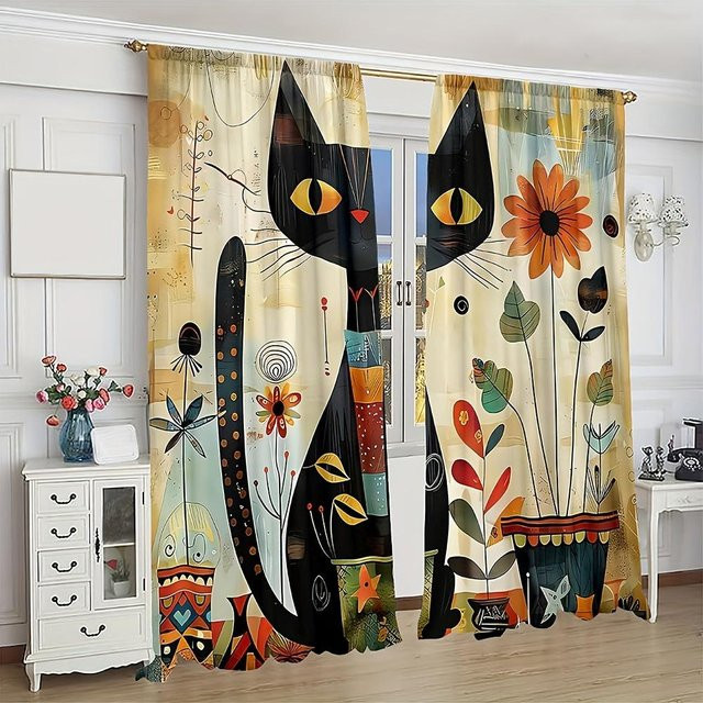 Zweiteiliger Vorhang mit Katzenmotiv in Multicolour, halbtransparentes Design mit Ösen für Wohnzimmer, Schlafzimmer oder Büro, B: 85 cm, H: 200 cm - Bild 1