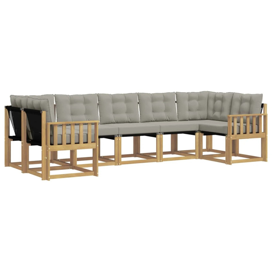 vidaXL Outdoor-Sofagarnitur 7-teilig in L-Form aus Akazienholz mit Textilene und Kissen in Weiß und Hellgrau - Bild 2