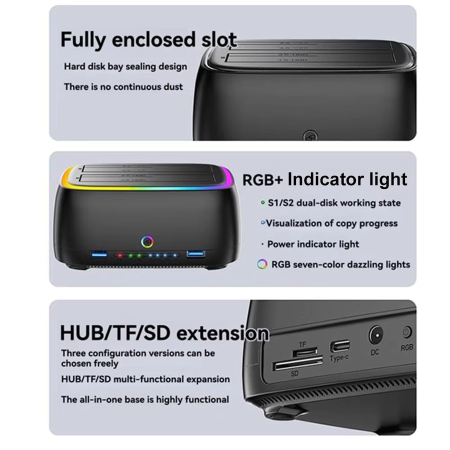 Kebidu 7-in-1 Dual-Bay Festplattenstation USB 3.0 SATA HDD-Dockingstation für 2,5 und 3,5 Zoll HDD/SSD mit Offline-Klon-Funktion und TF/SD-Kartenleser, Schwarz - Bild 6