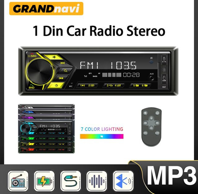 Grandnavi 1DIN MP3-Player Autoradio mit Bluetooth, FM-Radio, USB, SD und AUX-Eingang in Schwarz - Bild 1