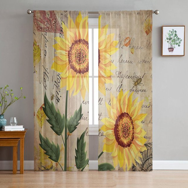 Retro Shabby Sonnenblumen Voile Vorhang aus Organza in Beige, Breite: 135 cm, Höhe: 115 cm - Bild 1