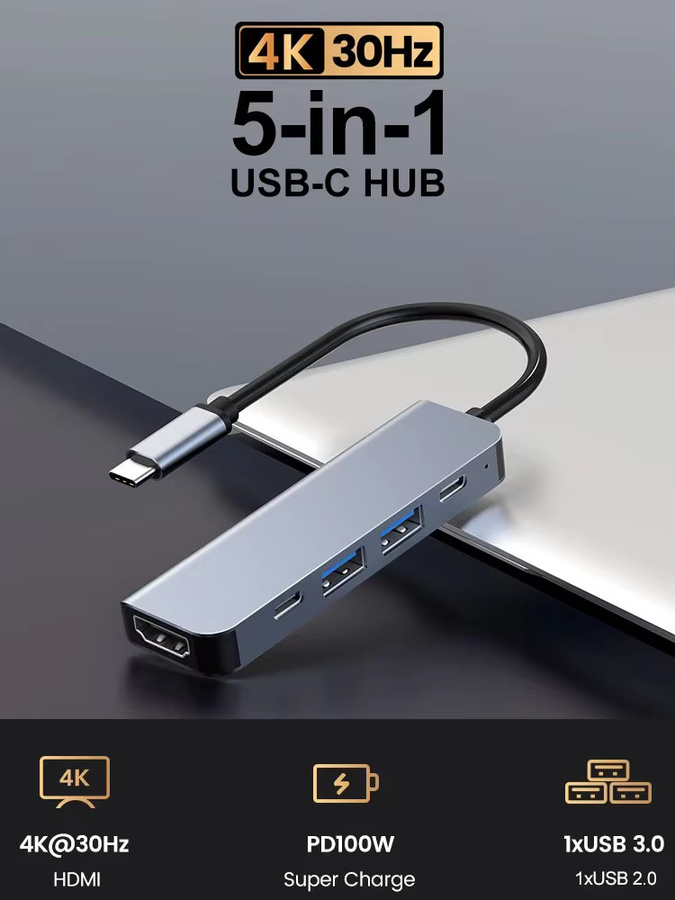 USB-C Hub Dockingstation mit 4K UHD und PD 100W Power Delivery, USB 3.1 Splitter Adapter in Silber für MacBook, Laptop, iPad und Huawei - Bild 4