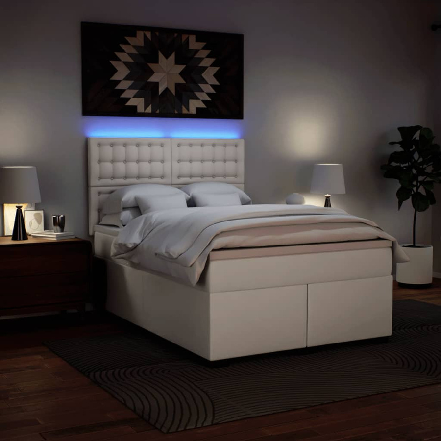 vidaXL Boxspringbett mit Matratze in Weiß, Kunstleder, Hybrid-Design mit USB-Ladeport und Unterbettbeleuchtung, B/T/H: 140 x 200 x 150,5 cm - Bild 3