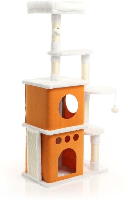 Fudajo Kratzbaum in Weiß-Braun mit Höhle und integriertem Spielzeug aus Plüsch und Sisal, Höhe: 125 cm - Bild 1