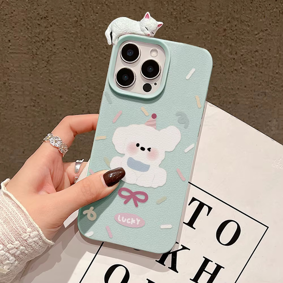 Handyhülle mit 3D Hund und Katze Motiv im Lychee Muster für Apple iPhone 17 Pro Max, 16, 15, 14, 13, 12 und 11 Modelle - Bild 3
