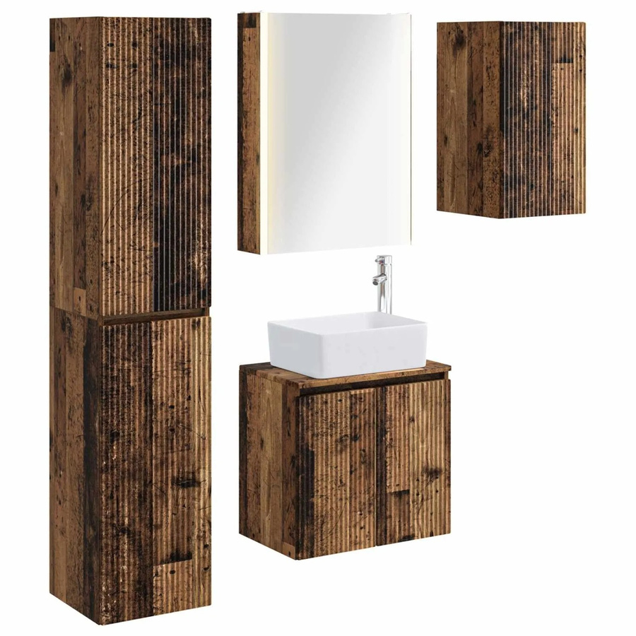 vidaXL Badezimmerschrank-Set aus Altholz in Braun, 5-teiliges Set mit Spiegelschrank, Wand- und Hochschrank mit LED-Beleuchtung und internen Regalen, B/T/H: 53 x 15,5 x 70 cm - Bild 2