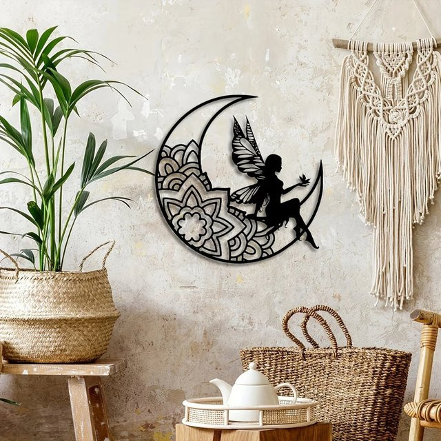 Mondfee Metallschild Plakette Fee Wandkunst 3D Metall-Silhouette in Schwarz für dein Zuhause und Außenbereich - Bild 1