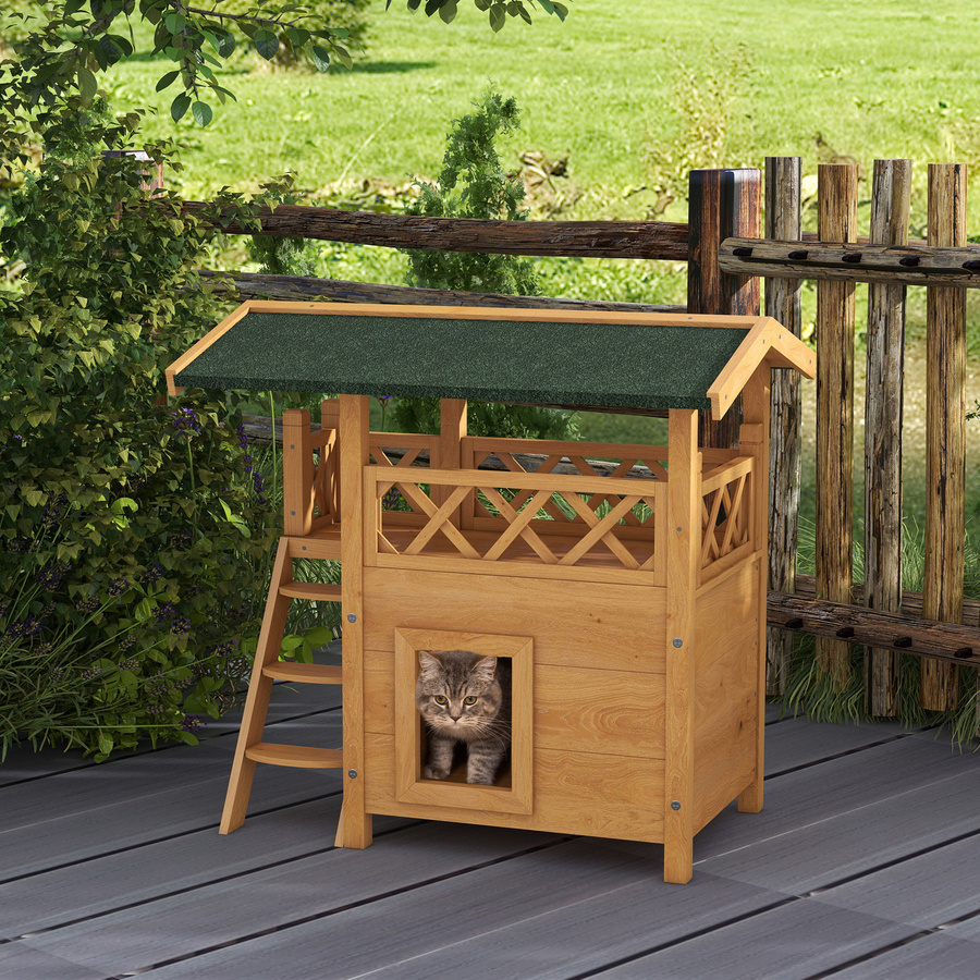 PawHut Katzenhaus von Aosom aus Massivholz mit 2 Etagen, Asphaltdach und Balkon, wetterfestes Katzenvilla mit Treppe, Farbe: Natur, B/T/H: 77 x 50 x 73 cm - Bild 2