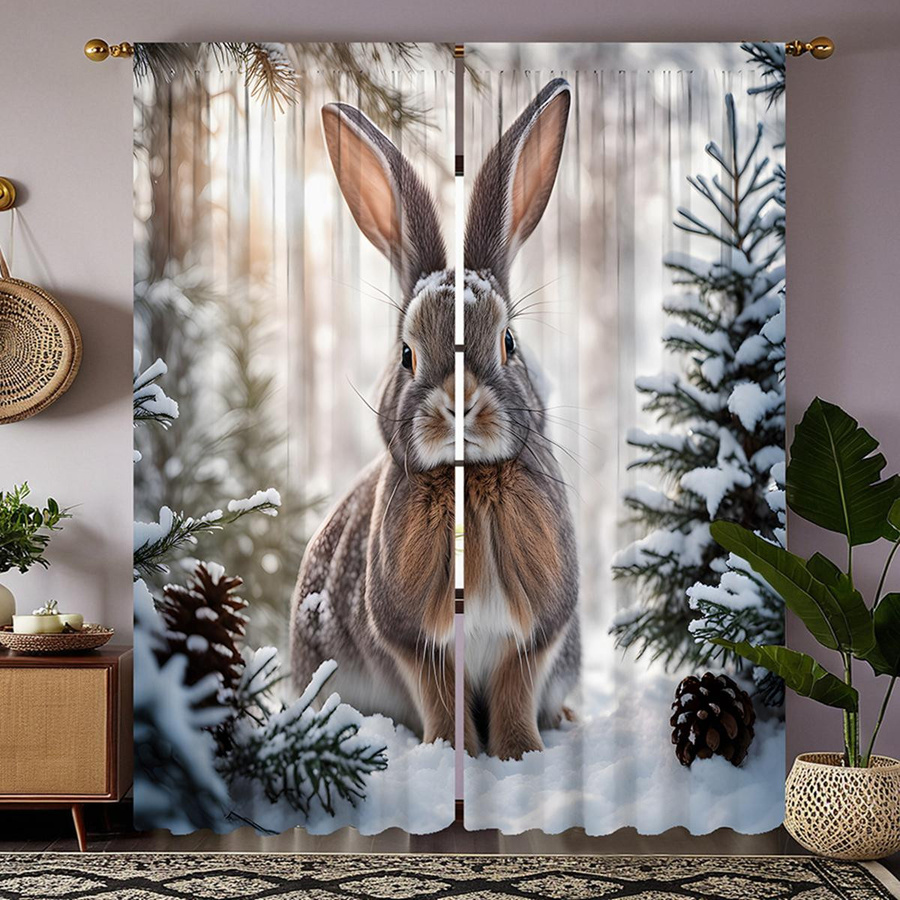 2er-Set Dekovorhang Kaninchen Motiv mit Bindeband, digital bedruckt, halbtransparent, Mehrfarbig, B: 132 cm, H: 160 cm - Bild 3