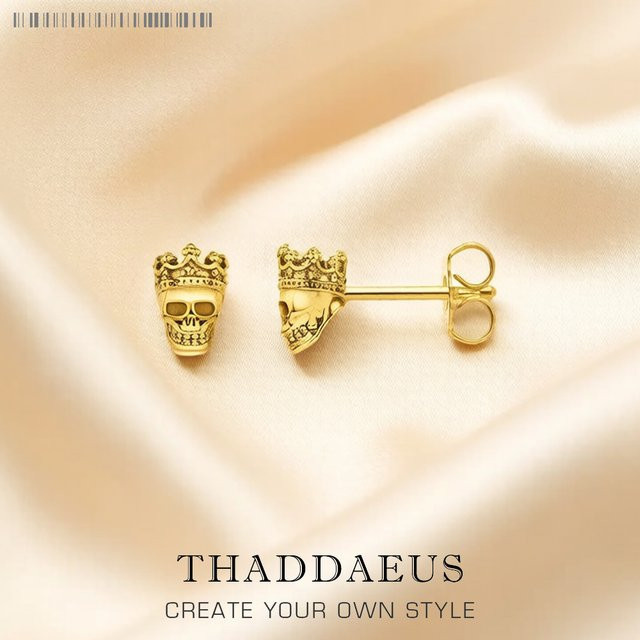 Thaddaeus Ohrstecker Totenkopf-König, 925 Silber, Gold, Unisex - Bild 1