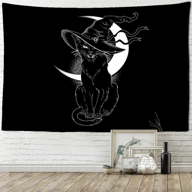 Schwarze Katze Psychedelic Wandteppich im Boho-Stil, Breite: 95 cm, Höhe: 70 cm - Bild 1