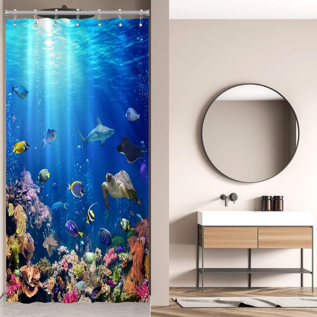 Dai Jiaochuan Duschvorhang Ozean Unterwasserwelt mit Tropenfischen und Schildkröten, Blau, B: 150 cm, H: 180 cm - Bild 1