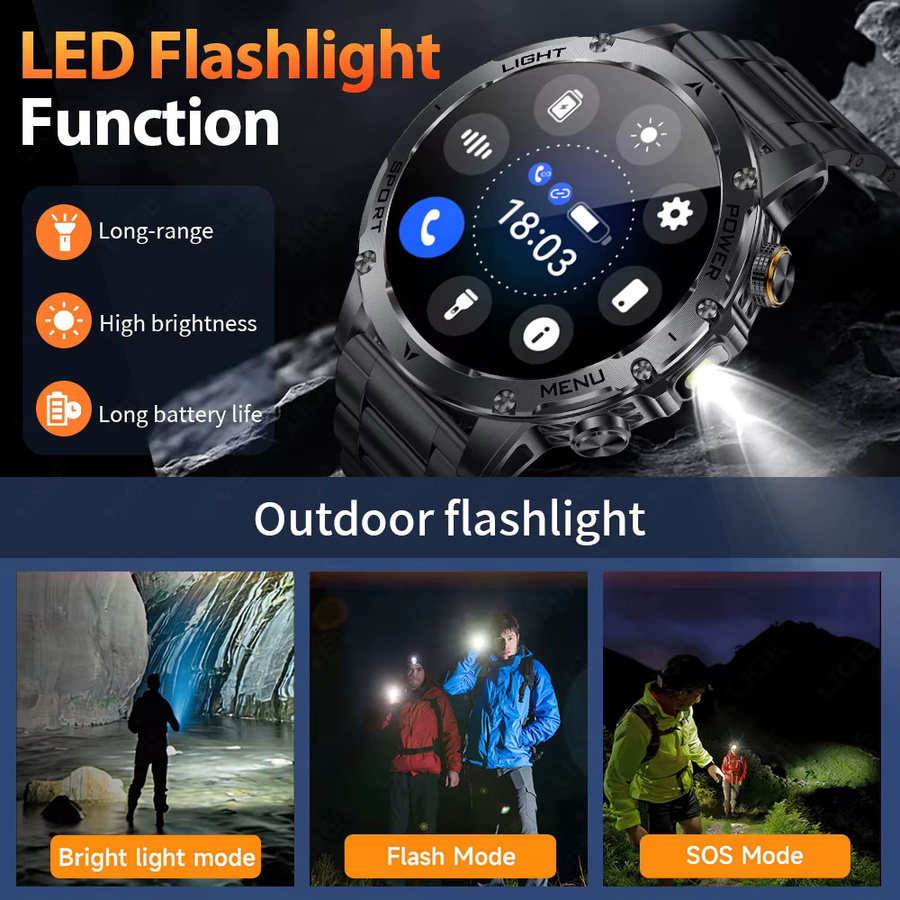 LIGE Neue Outdoor Smartwatch für Herren mit 1,7 Zoll Display, Bluetooth Anruffunktion, Herzfrequenzmessung und Taschenlampe, wasserdicht, Schwarz/Silber - Bild 4