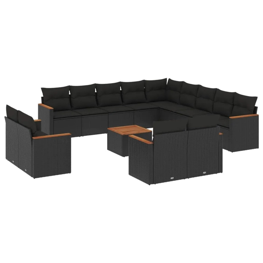 vidaXL 14-tlg Garten-Sofagarnitur mit Kissen aus schwarzem Poly-Rattan und Akazienholz Modell 21 - Bild 2