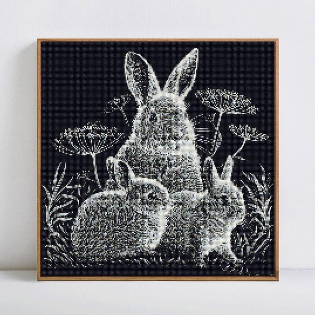 FIYO Diamantmalerei DIY Kaninchen Mosaik mit runden Steinen in Grau, 30 x 30 cm - Bild 1