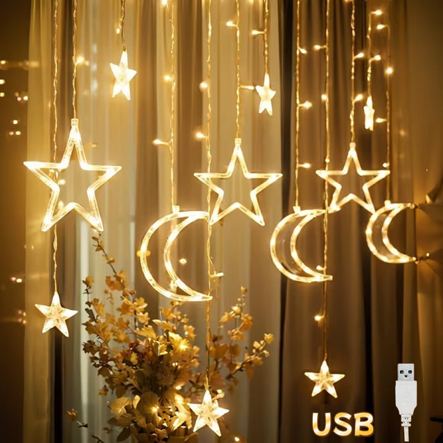 Leclstar USB LED-Lichterkette als Vorhang mit Sternen und Mond in Mehrfarbig (RGB) zur Innenraumdekoration - Bild 1