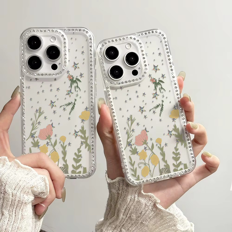 Caynes Stoßfeste Handyhülle mit glitzernden Diamant-Blumen für iPhone und iPad, transparent - Bild 2