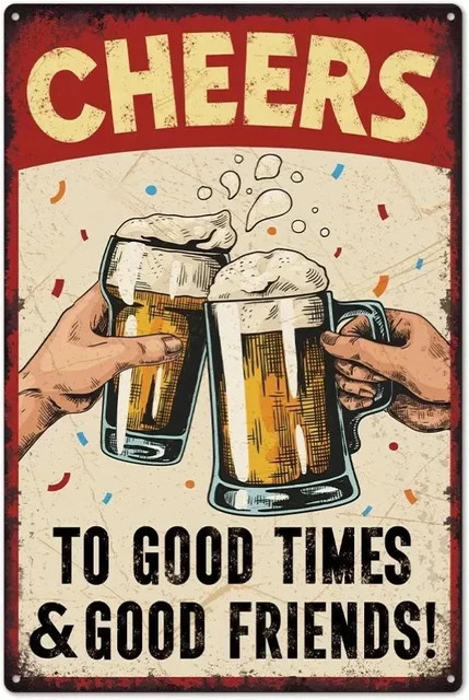 Potdemiel Vintage Metallschild Cheers to Good Times Retro-Blechkunst in Rot mit Bierkrügen und Konfetti, B/H: 30 x 20 cm - Bild 1