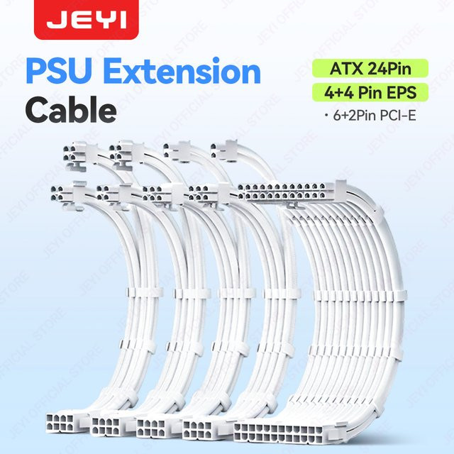 JEYI Netzteil-Verlängerungskabel-Set in Weiß mit 24-poligem ATX, 8-poligem EPS sowie 6+2-poligem PCIe aus 18 AWG Kupferdraht inklusive geflochtenem Schlauch und Kabelkämmen - Bild 1