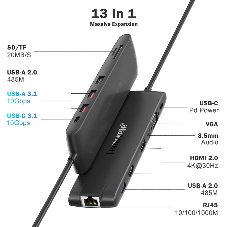 Lemorele 4K USB-C Dockingstation mit Dual HDMI, VGA, Gigabit Ethernet und SD-Kartenleser für Windows und MacBook Air - Bild 2