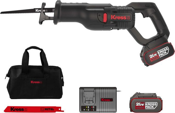 Kress Akku-Säbelsäge KUE01 20 V in Schwarz mit 2 x 4.0 Ah Akkus und 6 A Ladegerät, 300 mm Sägeblattlänge
