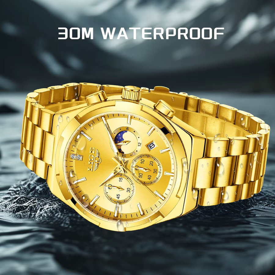 LIGE Armbanduhr Quarz, Edelstahl, Gold, Datum, Mondphase, Herren - Bild 2