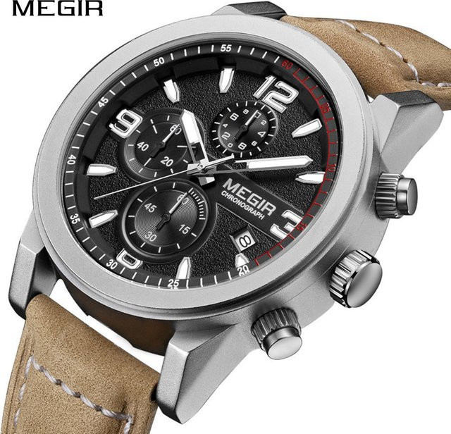 MEGIR Chronograph Armbanduhr, Quarz, Leder, Schwarz, Herren - Bild 1