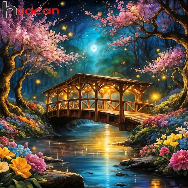 Huacan Diamond Painting Set Landschaft mit Brücke, Fluss und Blumen in Multicolour, B/H: 20 x 20 cm - Bild 1