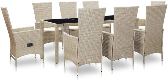 vidaXL 9-tlg Garten-Essgruppe aus Poly Rattan in Beige mit Glasplatte und Auflagen - Bild 1