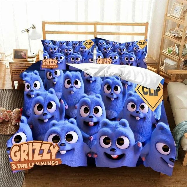 3D Grizzy und die Lemminge Bettwäsche-Set für Kinder in Blau, bestehend aus Bettbezug und Kissenbezug, B/H: 180 x 210 cm - Bild 1