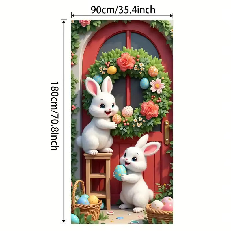 DRIHANCO Osterhase 2D-Türflagge als Seidenschild zum Aufhängen mit blauer Schleife in Mehrfarbig - Bild 4