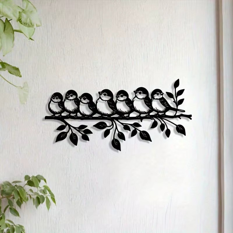 CIFBUY Wandskulptur Sieben Vögel auf Ast aus schwarzem Metall im modernen Stil - Bild 3