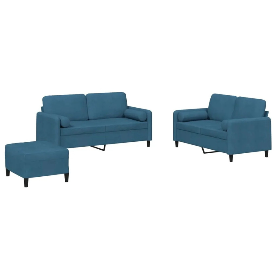 vidaXL 3-teilige Sofagarnitur aus Samt in Blau mit 2 x 2-Sitzer-Sofa, 1 x Fußhocker und 4 Kissen - Bild 2