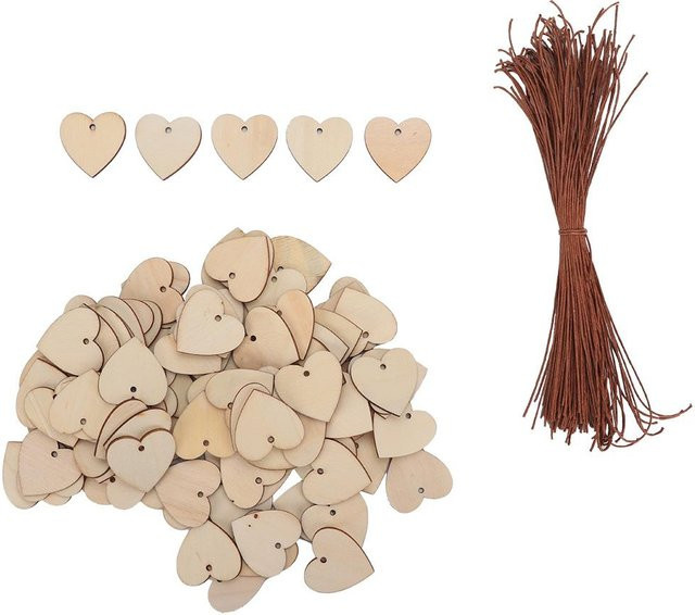 Neoglint 100er Set Herzförmige Holz-Anhänger in Beige als DIY Bastelset für Hochzeit, Weihnachten und Dekoration - Bild 1