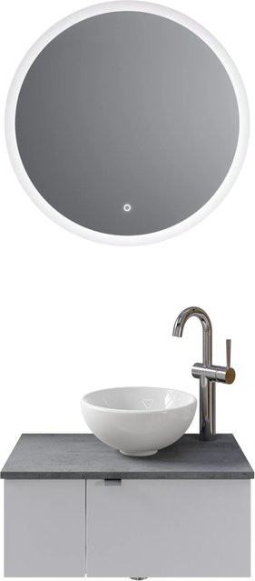 Pelipal Badmöbel-Set Serie 6915 in Weiß und Dunkelgrau mit Keramik Aufsatzbecken, Waschtischunterschrank mit 2 Türen und Funktionsspiegel mit LED-Beleuchtung - Bild 1