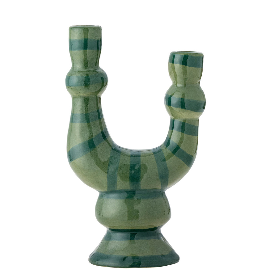 Bloomingville Kerzenhalter Salandy aus grünem Steingut mit Streifenmuster, Höhe: 16 cm, Breite: 9 cm, Tiefe: 16 cm - Bild 1