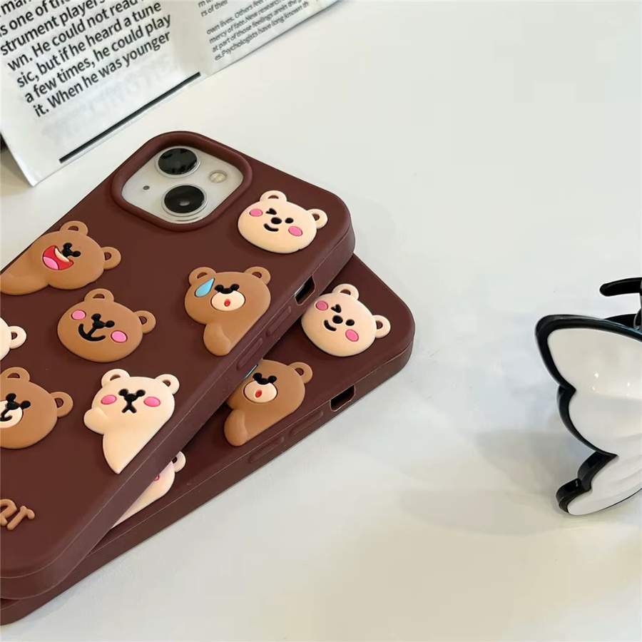 Niedliche 3D-Bär Handyhülle aus weichem Silikon für iPhone 12 bis iPhone 17 Pro Max, stoßfest, Farbe: Braun - Bild 4