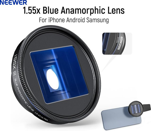 NEEWER 1,55x Anamorphes Objektiv in Blau für iPhone, Android und Samsung mit 17-mm-Gewindeobjektiv-Clip - Bild 1