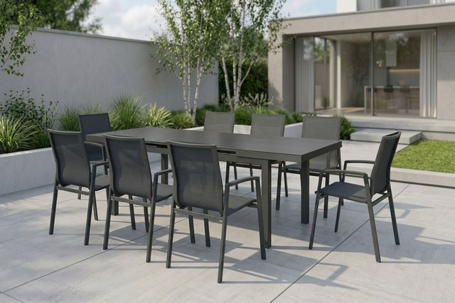 Stern New Top Garten-Essgruppe in Anthrazit mit ausziehbarem Tisch und 8 Stapelsesseln aus Aluminium, Glas und Textilene - Bild 1