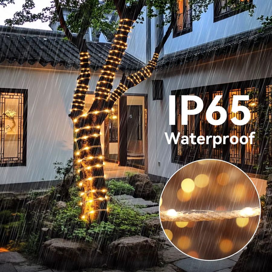Leclstar Solar-Hanfseil-Lichterkette mit LED und 8 Modi, wasserdichte Feengirlande für Außenbereich, Hof und Camping - Bild 3