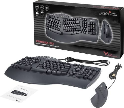 Perixx PERIDUO-512 DE B Ergonomisches Tastatur und Maus-Set mit USB-A Anschluss, QWERTZ Deutsch, Schwarz - Bild 1
