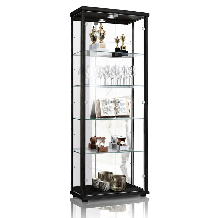 K-Möbel Glas Vitrinenschrank 2-Türig in Schwarz mit LED-Beleuchtung, Spiegel und Schloss, H: 176 cm, B: 67 cm, T: 33 cm - Bild 2