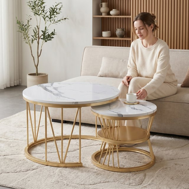 Superaly Couchtisch 2er-Set, runder Beistelltisch mit goldenem Metallrahmen und weißer Oberfläche, modern für Wohnzimmer, Schlafzimmer oder Büro, Gold/Weiß - Bild 1